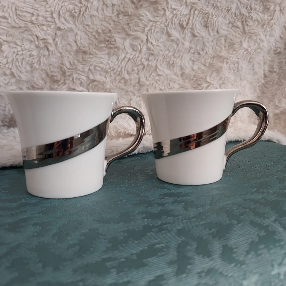 Coffee Me Elegant White and Silver Demitasse Espresso Cups (2) Java